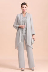 Elegant Sleeveless Appliques Silver Chiffon Mother of Bride Jumpsuit with Wrap-misshow.com