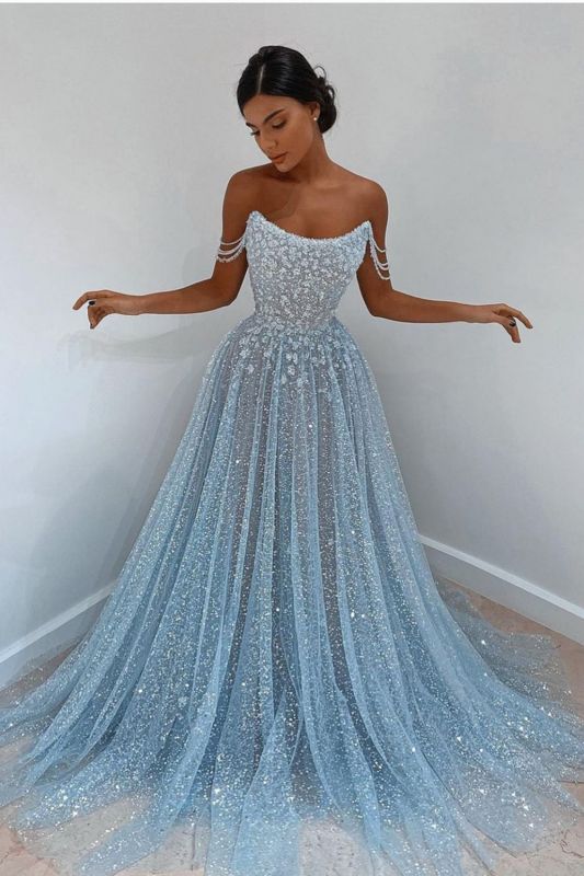 Elegant Sleeveless Blue Lace Prom Dress Long-misshow.com