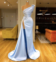 Elegant Sleeveless Evening Dresses Sky Blue Long Prom Dresses With Slit-misshow.com