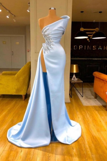 Elegant Sleeveless Evening Dresses Sky Blue Long Prom Dresses With Slit-misshow.com