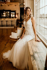 Elegant Sleeveless Straps V-neck A-Line Tulle Wedding Dress with Ruffles-misshow.com