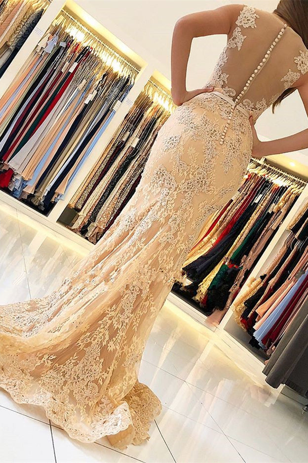 Elegant Sleeveless V-Neck Mermaid Evening Dress with Lace Appliques-misshow.com