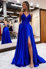 Elegant Spaghetti Straps A-Line Prom Dresses Evening Gowns With Slit-misshow.com