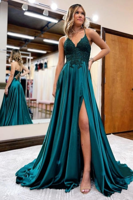 Elegant Spaghetti Straps A-Line Prom Dresses Evening Gowns With Slit-misshow.com