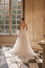 Elegant spaghetti straps sleeveless a-line lace Wedding Dresses-misshow.com