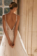 Elegant spaghetti straps sleeveless a-line lace Wedding Dresses-misshow.com