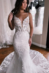 Elegant spaghetti straps sleeveless mermaid lace wedding dress-misshow.com