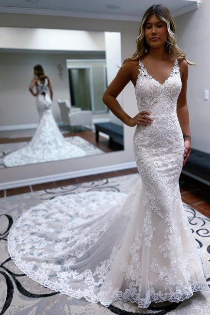 Elegant spaghettistraps sleeveless mermaid lace Wedding dresses-misshow.com