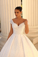 Elegant sweetheart cap sleeves ball gown satin wedding dress sequined-misshow.com