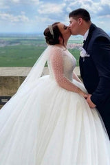 Elegant Sweetheart Long Sleeves Ball Gown Tulle Wedding Dresses-misshow.com