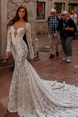 Elegant sweetheart longsleeves mermaid lace Wedding dresses-misshow.com