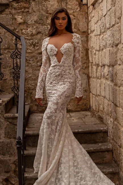 Elegant sweetheart longsleeves mermaid lace Wedding dresses-misshow.com