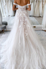 Elegant sweetheart off-the-shoulder cap sleeves a-line lace wedding dress-misshow.com