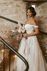 Elegant sweetheart off-the-shoulder cap sleeves a-line lace wedding dress-misshow.com