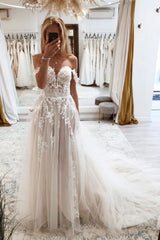 Elegant sweetheart off-the-shoulder cap sleeves a-line lace wedding dress-misshow.com