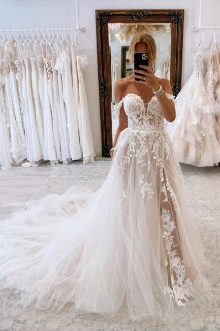 Elegant sweetheart off-the-shoulder cap sleeves a-line lace wedding dress-misshow.com