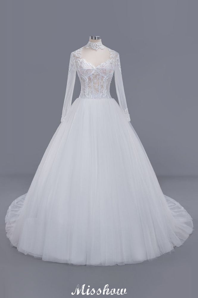 Looking for  in Tulle,Lace, Ball Gown style, and Gorgeous Lace work  MISSHOW has all covered on this elegant Elegant Tulle Lace Ball Gown High Neck Long Sleeves Floor Length Wedding Dress