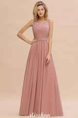 Elegant V-Neck A-line Evening Maxi Dress Bridesmaid Dress Sleeveless Styles-misshow.com