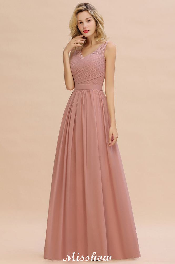 Elegant V-Neck A-line Evening Maxi Dress Bridesmaid Dress Sleeveless Styles-misshow.com