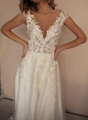 Elegant V-Neck A-Line Sleeveless Wedding Dresses With Lace-misshow.com