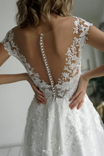 Elegant V-Neck A-Line Sleeveless Wedding Dresses With Lace-misshow.com