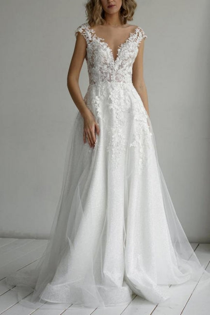 Elegant V-Neck A-Line Sleeveless Wedding Dresses With Lace-misshow.com