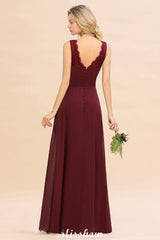 Elegant V-Neck aline Bridesmaid Dress Burgundy Backless Chiffon Party Dress-misshow.com