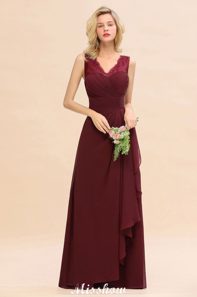 Elegant V-Neck aline Bridesmaid Dress Burgundy Backless Chiffon Party Dress-misshow.com