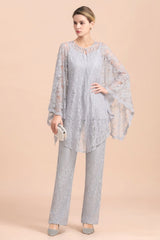 Elegant V-Neck Appliques Silver Mother of Bride Jumpsuit with Lace Wraps-misshow.com