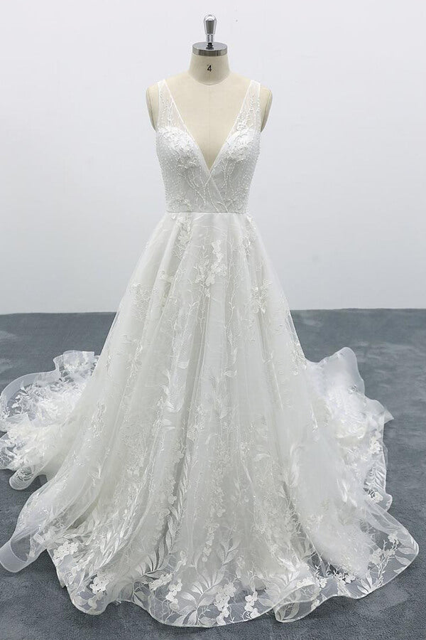 Elegant V-neck Appliques Tulle A-line Wedding Dress-misshow.com