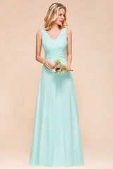 Elegant V-Neck Chiffon Bridesmaid Dress A-line Maxi Wedding Party Dress-misshow.com