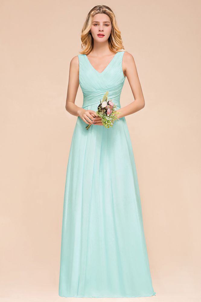 Elegant V-Neck Chiffon Bridesmaid Dress A-line Maxi Wedding Party Dress-misshow.com