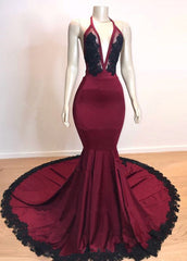 Elegant V-Neck Halter Mermaid Appliques Evening Gowns-misshow.com