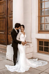 Elegant V-Neck Long-Sleeve Mermaid Floor-Length Lace Wedding Dresses with Chapel Trian-misshow.com