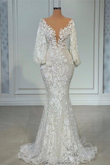 Elegant V-neck Long Sleeves Mermaid Lace Wedding Dress-misshow.com