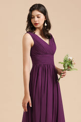 Elegant V-Neck Ruffle A-line Chiffon Lace Bridesmaid Dresses-misshow.com