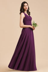 Elegant V-Neck Ruffle A-line Chiffon Lace Bridesmaid Dresses-misshow.com