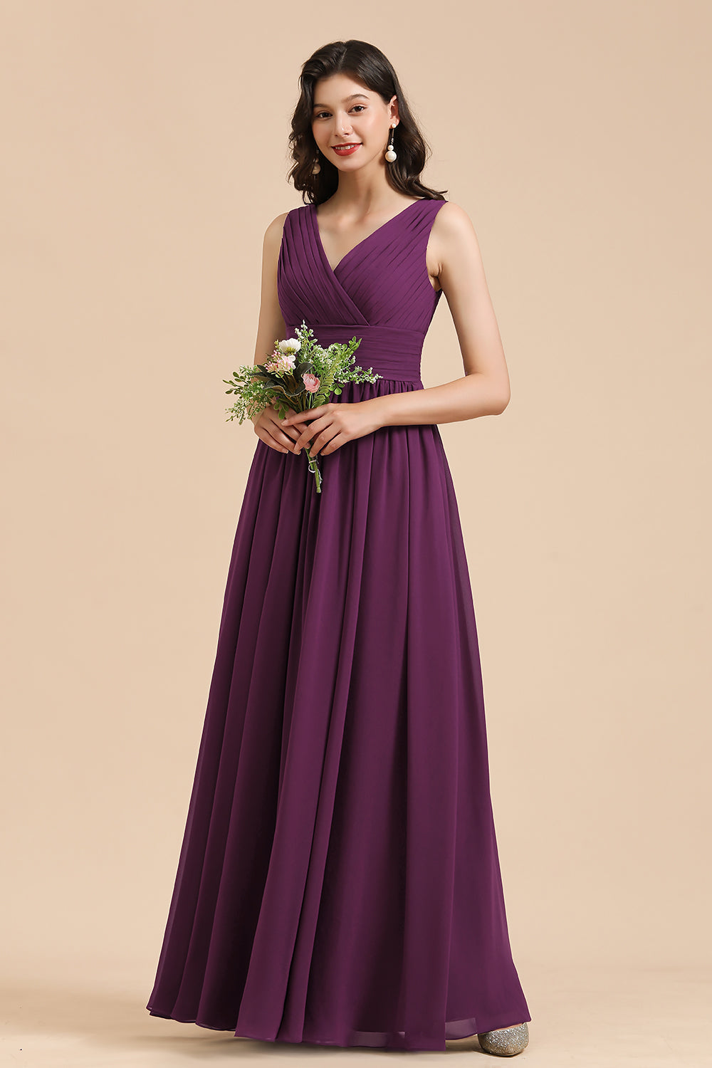 Elegant V-Neck Ruffle A-line Chiffon Lace Bridesmaid Dresses-misshow.com