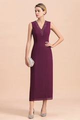 Elegant V-Neck SLeeveless Apppliques Grape Mother of Bride Dress with Wraps-misshow.com