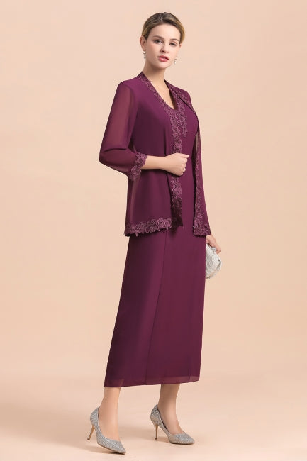 Elegant V-Neck SLeeveless Apppliques Grape Mother of Bride Dress with Wraps-misshow.com