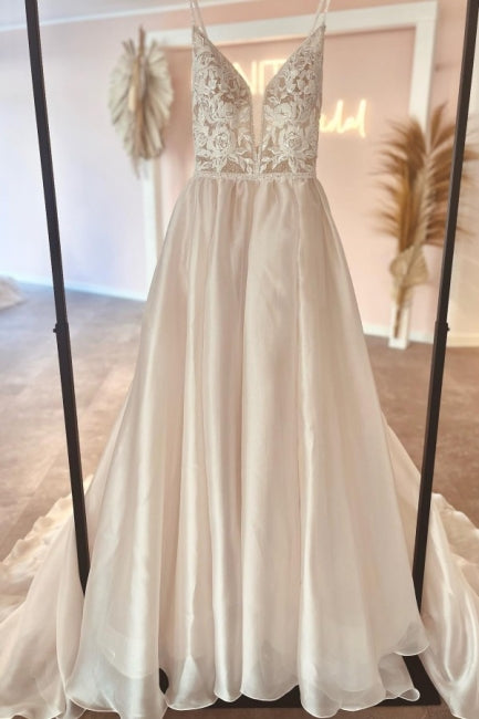 Elegant v-neck spaghetti straps sleeveless a-line lace Wedding dresses-misshow.com