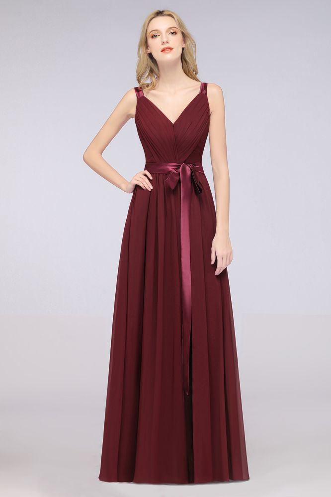 MISSHOW offers Elegant V-Neck Strap Backless Ruffles Chiffon Floor-Length Bridesmaid Dress at a good price from Misshow