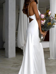 Elegant Vintage Silk like Satin Ruched Spaghetti Straps Sleeveless Wedding Dresses