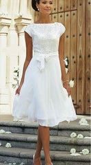 Elegant White A-line Chiffon Wedding Dress With Short Sleeve-misshow.com