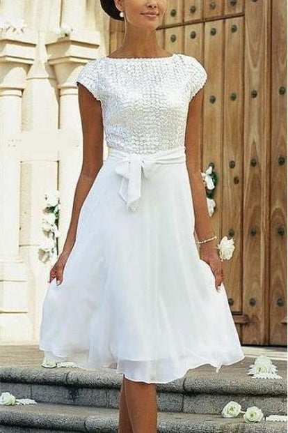 Elegant White A-line Chiffon Wedding Dress With Short Sleeve-misshow.com