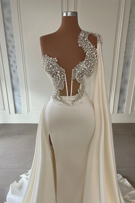 Elegant White A-line One Shoulder Evening Dresses Long Glitter Prom Dresses With Slit-misshow.com