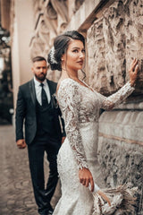 Elegant White Floral Lace Mermaid Spring Wedding Dress Long Sleeves V-Neck Slim Bridal Dresses-misshow.com