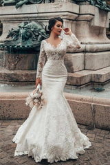 Elegant White Floral Lace Mermaid Spring Wedding Dress Long Sleeves V misshow