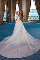 Elegant White Long A-Line Sleeveless Wedding Dresses With Lace-misshow.com