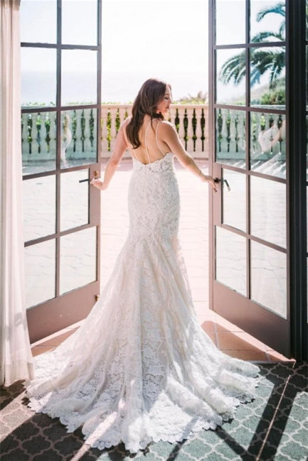 Elegant White V-neck Backless Mermaid Wedding Dresses With Lace-misshow.com